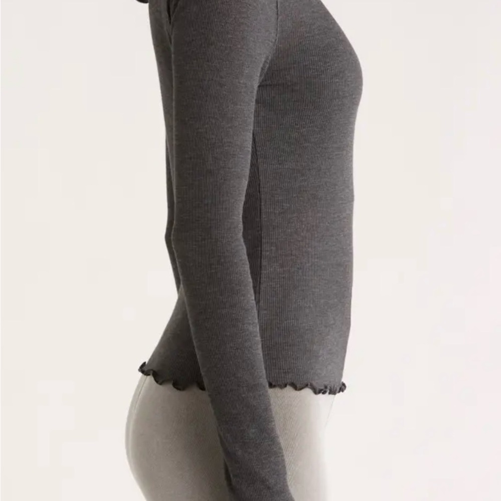 FP Movement by Free People Charcoal Gray Ribbed Long Sleeve Lettuce Hem Top